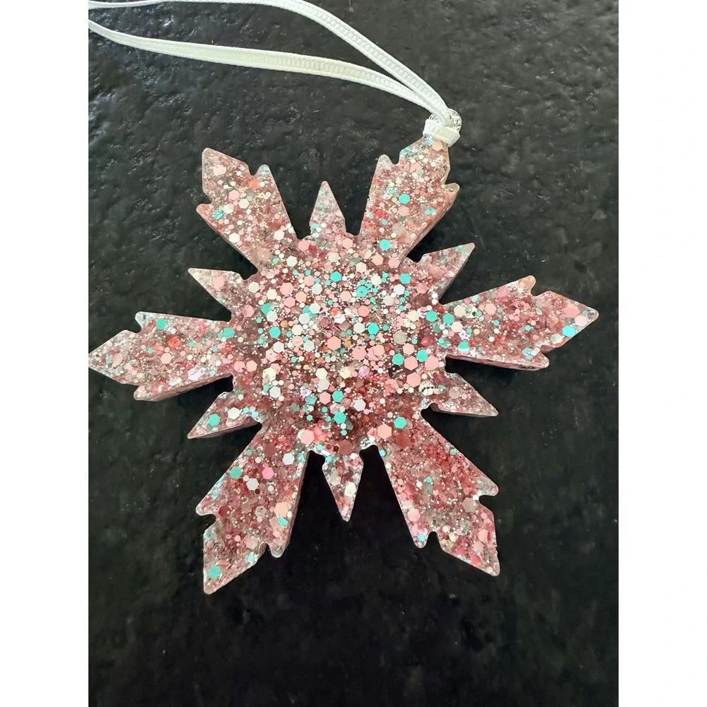 Handmade Pink Teal Glitter‎ Resin Snowflake Ornament 3D Winter Holiday Decor 4in